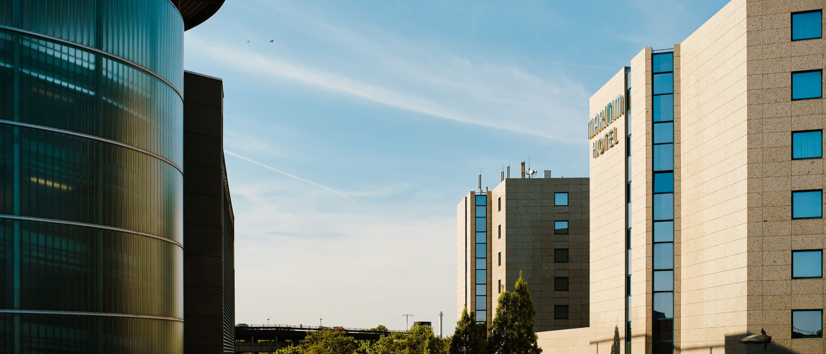 Hotel façades at daybreak